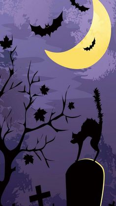 a halloween scene with bats flying in the sky and a cat on top of a tombstone