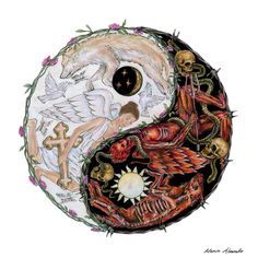 an artistic drawing of two people in the shape of a yin - yang with skulls and flowers