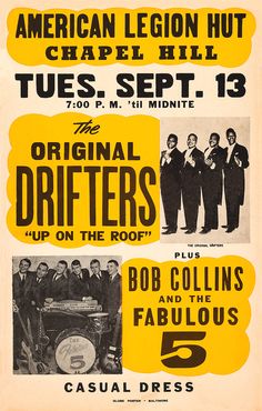 an old concert poster for the original drifters, featuring bob collins and the fabulous five