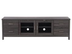 an entertainment center with two doors and three drawers on one side, in dark wood