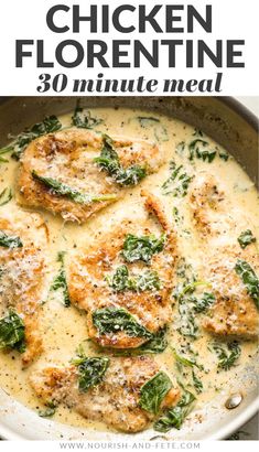 chicken florentino with spinach and cheese in a skillet