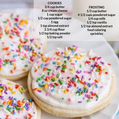 three iced sugar cookies with sprinkles on a plate next to a glass of milk