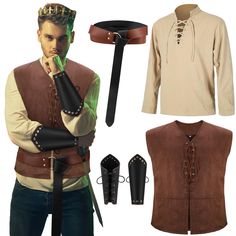 PRICES MAY VARY. Complete Costume Set: you will receive 1 set of men medieval costume, including 1 medieval shirt, 1 pirate vest, 1 medieval belt and 1 pair of faux leather arm guards; With all these parts, you can easily transform into the Renaissance character of your choice Quality Materials: this medieval waistcoat is made of deerskin velvet, not leather fabric, and the short plush feels soft, while the shirt is made of quality cotton material, comfortable and reliable, providing you with a Medieval Clothing Male, Medieval Costume Diy, Lumberjack Costume, Pirate Vest, Arm Guards, King Costume