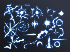 a bunch of different shapes and sizes on a black background with blue light coming from them