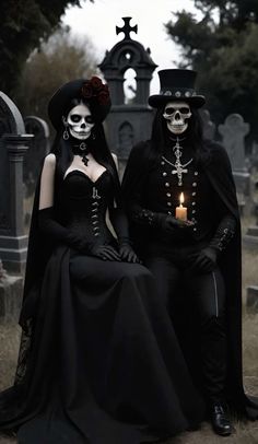 two people dressed up as skeletons sitting in front of a grave with a lit candle