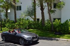 a bmw convertible parked in front of a building with palm trees and bushes behind it