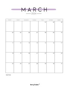 the march calendar is shown in purple and black