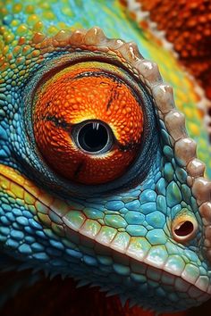 an orange and blue lizard's eye is shown