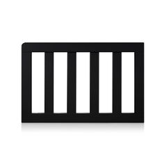 a black baby crib with four bars on the top and bottom, against a white background