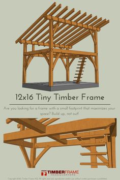 a wooden structure with stairs on the side and an advertisement for timber frame in front