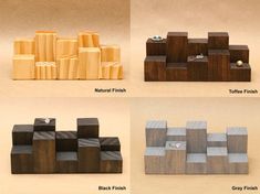 four different types of wooden blocks with names on them and pictures of wood blocks in the middle