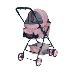 a pink stroller with polka dot print