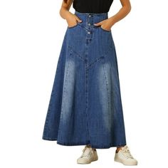 Allegra K Casual Denim Skirt for Women's High Waisted A-Line Flared Maxi Skirts Washed Denim High Waist Button Front A-Line Flared Maxi Length Regular Fit This casual skirt, designed with high waist and flare design, adds a touch of fashion to your wardrobe. The washed denim fabric and a maxi design are a great highlight, full of a sense of detail and design. This skirt is easily paired with any leisure tops for a casual and_ vintage look. Size----------Total Length----------Waist Girth XS------ Womens Suede Skirt, Maxi Denim Skirt, Casual Denim Skirt, Flare Maxi Skirt, Maxi Design, Womens Denim Skirts, Distressed Skirt, Denim Skirt Women, Denim Maxi Skirt