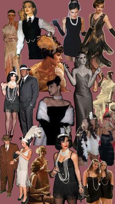 a collage of women and men dressed in flappers, garbs, hats, and dresses