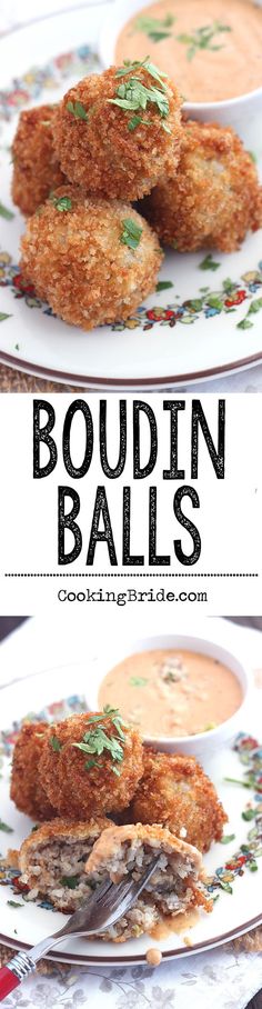 two plates with food on them and the words boudin balls above it in black lettering