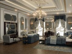 an elegant bedroom with chandelier, couches and two chairs in the middle