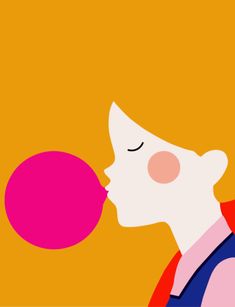 a woman blowing a bubble with her eyes closed on an orange and pink background,