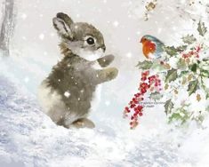 a painting of a rabbit and a bird in the snow next to a christmas tree