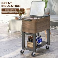 an open cooler sitting on top of a wooden table