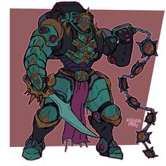 an image of a cartoon character holding a knife and wearing armor with chains around his neck