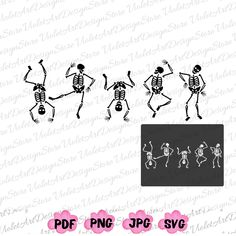 three dancing skeletons in different positions with pink flowers on the bottom, and one skeleton holding a