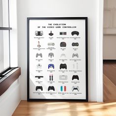 a black framed poster displaying the different types of video game controllers in front of a window