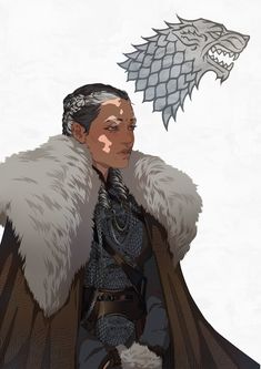 a man in a fur coat with a wolf on his shoulder and the words game of thrones written above him