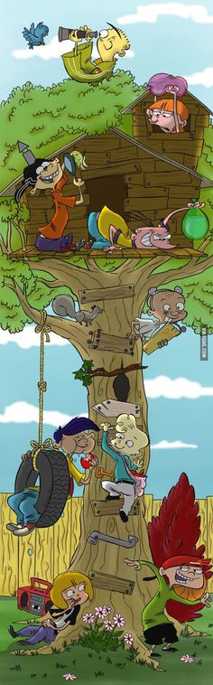 an animated treehouse with many people inside and around the tree, surrounded by other cartoon characters