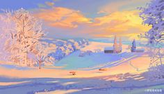 a painting of a snowy landscape with trees in the foreground and sunset in the background