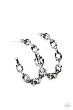 An immovable row of gunmetal chain delicately twists into an edgy hoop for an intense industrial vibe. Earring attaches to a standard post fitting. Hoop measures approximately 1 3/4" in diameter. Sold as one pair of hoop earrings. P5HO-BKXX-207XX Chain Hoop Earrings, Black Hoops Earrings, Stronger Together, Jewelry Watch, Paparazzi Accessories, Black Jewelry, Black Earrings, Paparazzi Jewelry, Boutique Jewelry