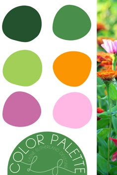 the color palette is green, orange, pink and purple flowers are in front of each other