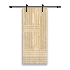 a bamboo curtain hanging on a black metal rod with an open wooden door in the background