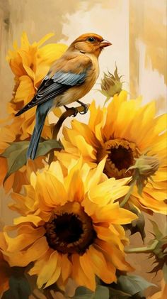 a painting of a bird sitting on top of sunflowers