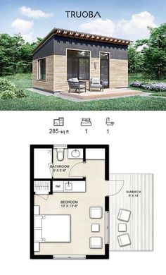 the floor plan for a tiny house with an attached bathroom and living room, as well as