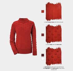 a red sweater is shown with different colors and patterns on the front, side, and back