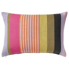 a multicolored striped pillow on a white background