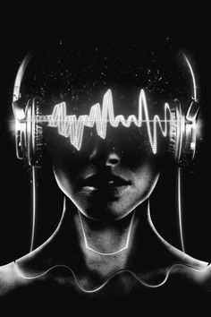 a woman with headphones on her face and sound waves coming out of her ears