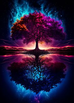 a colorful tree in the middle of water with bright lights and stars on it's sides