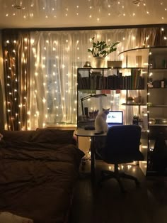 a cat sitting on top of a desk in front of a window covered with fairy lights