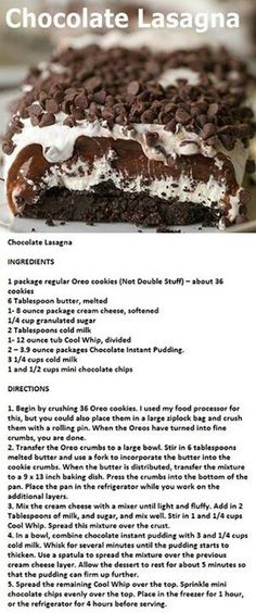 the recipe for chocolate lasagna is shown