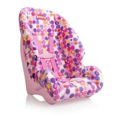 a child's car seat with colorful polka dots