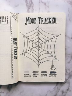 an open notebook with the words mood tracker written in black ink on top of it