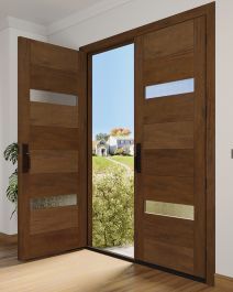 an open wooden door in front of a white wall and wood flooring with potted plant