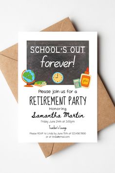 a card with the words school's out forever on it and an image of a clock