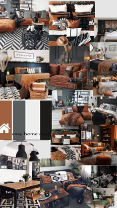 a collage of photos showing different types of furniture and decor in brown, black, white and grey