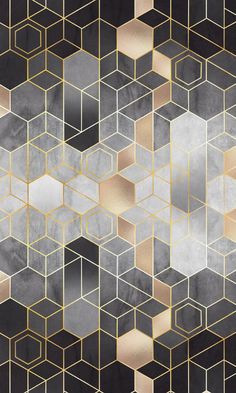 an abstract geometric pattern with gold and grey squares on a black marble background in the style of art deco