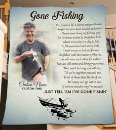 an image of a man holding a fish on a blue and white background with the words gone fishing