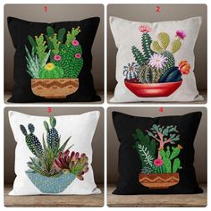 four pillows with different types of cactus plants on them, each embroidered onto the same pillow