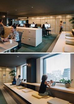 two pictures of people working at desks in an office with large windows and plants