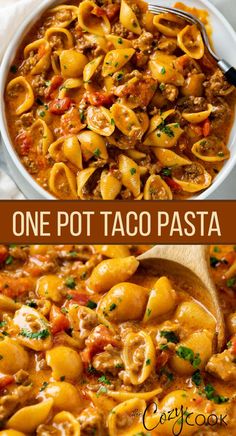 one pot taco pasta with ground beef and shells One Pot Taco Pasta, Taco Pasta Recipes, Ground Beef Pasta Recipes, Beef Pasta Recipes, Ground Beef Pasta, Taco Pasta, Hams, One Pot Pasta